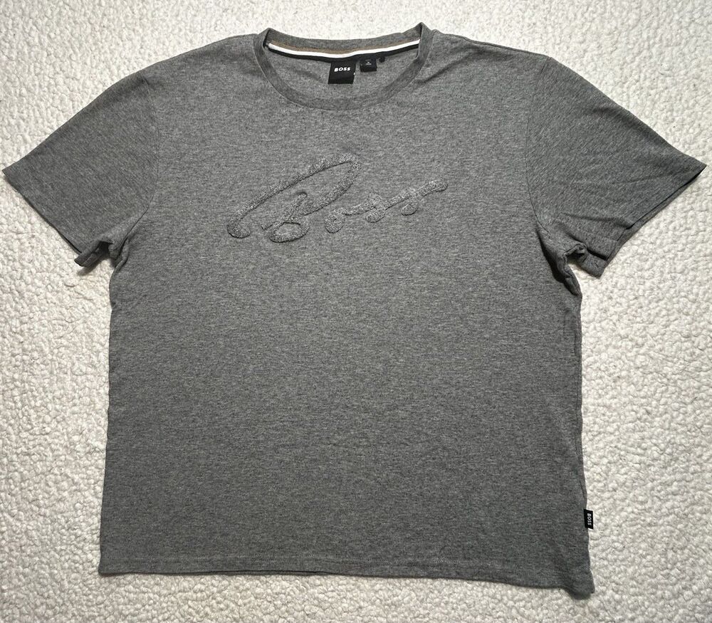 BOSS Hugo Boss Shirt Mens L Grey Cursive Chenille Raised Logo Tee Peru